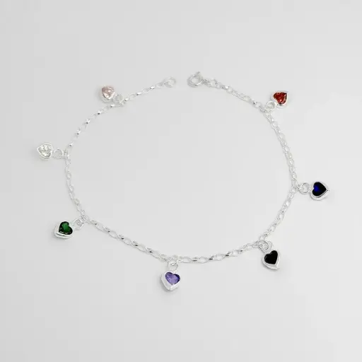 [P-TB-106] TOBILLERA PLATA 925 CORAZONES CRISTALES COLORES
