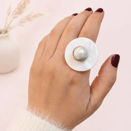 [AC-AN-112] Anillo en acero silver recina blanca perla modelo 2