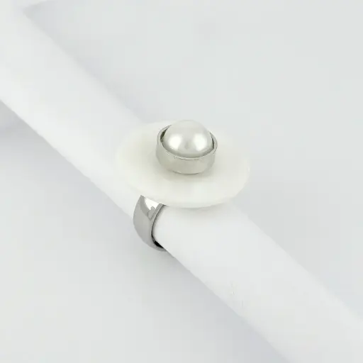 [AC-AN-112] Anillo en acero silver recina blanca perla modelo 2