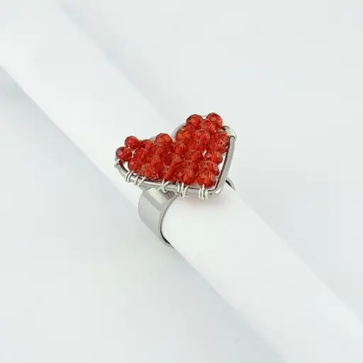 [AC-AN-122] Anillo en acero silver ajustable corazón cristales rojos tejido a mano