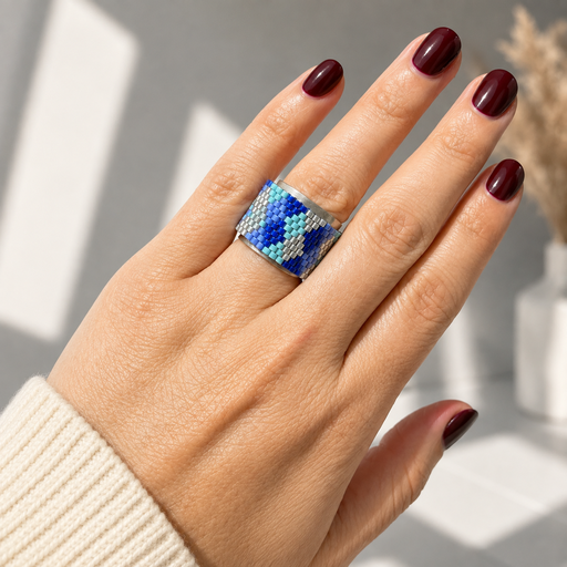 [AC-AN-124] Anillo en acero silver artesanal tejido a mano miyuki azul