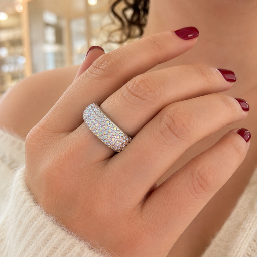 [AC-AN-156] Anillo en acero silver aro 5 líneas microcircones tornasol
