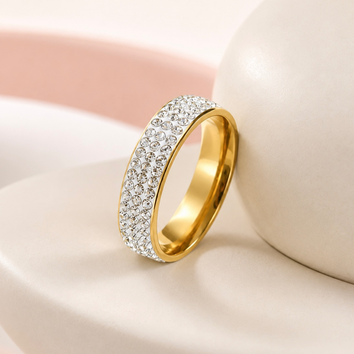 [AC-AN-162] Anillo en acero gold tres línea microcircones blancos