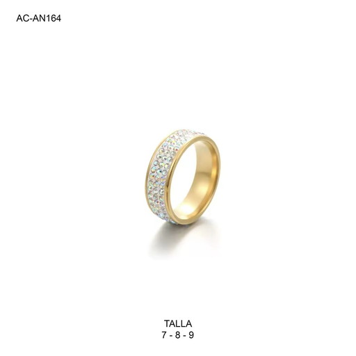[AC-AN-164] Anillo en acero gold aro triple línea circones tornasol
