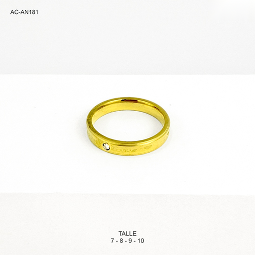 [AC-AN-181] Anillo en acero inoxidable gold aro liso tipo alianza grabado "love" circón