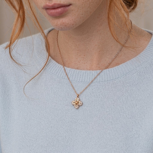 [AC-CDD-103] Cadena con dije en acero gold rose flor cristales