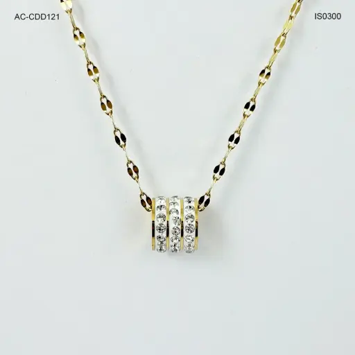 [AC-CDD-121] Collar en acero gold dije cilindro microcircones blancos