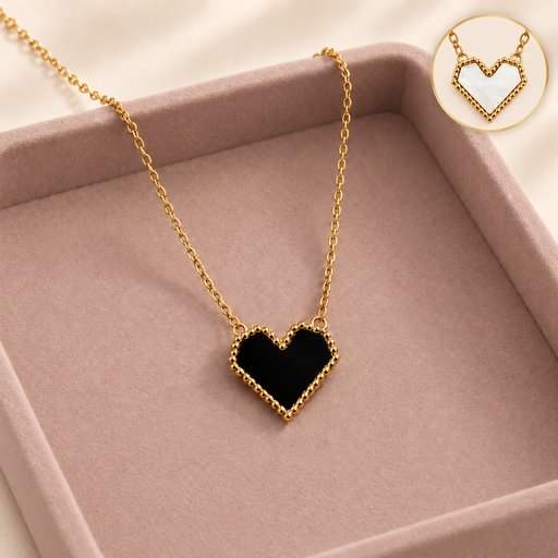 [AC-CDD-125] Collar en acero gold dije corazón esmaltado negro-blanco