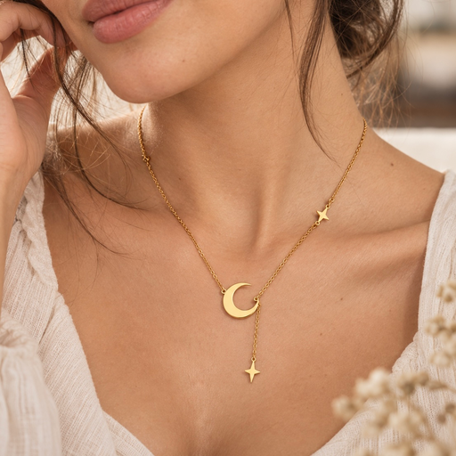 [AC-CDD-127] Collar en acero gold dije media luna estrellas