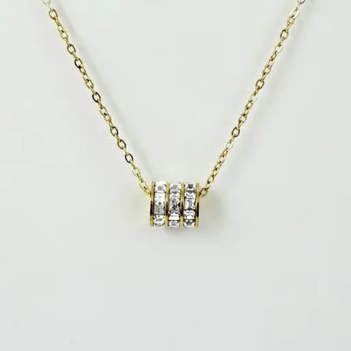[AC-CDD-129] Collar en acero gold dije cilindro cristales baguette modelo 2