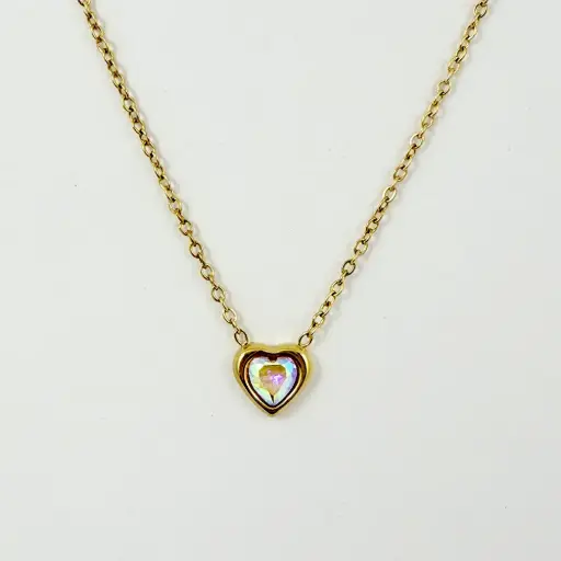 [AC-CDD-130] *COLLAR EN ACERO GOLD DIJE CORAZÓN CRISTAL TORNASOL