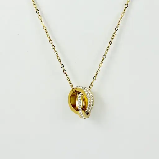 [AC-CDD-139] *COLLAR EN ACERO GOLD DIJE DOBLE ARGOLLA CIRCONES BLANCOS