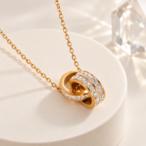 [AC-CDD-139] Collar en acero gold dije doble argolla circones blancos
