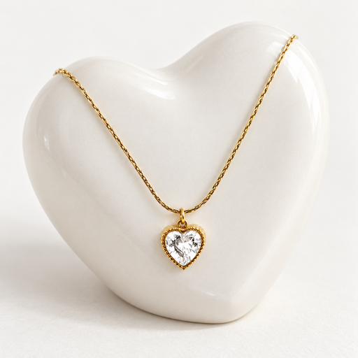 [AC-CDD-143] Collar en acero gold dije corazón cristal blanco