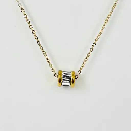 [AC-CDD-145] *COLLAR EN ACERO GOLD DIJE CILINDRO CRISTALES BAGUETTE