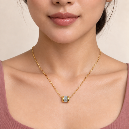 [AC-CDD-145] Collar en acero gold dije cilindro cristales baguette