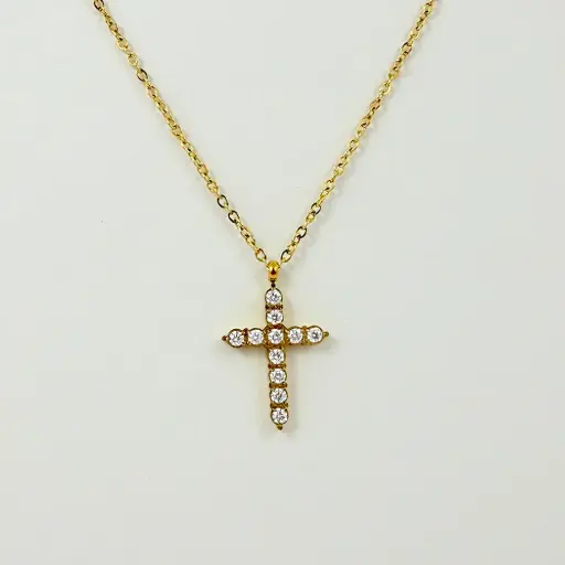 [AC-CDD-151] *COLLAR EN ACERO GOLD DIJE CRUZ CIRCONES BLANCOS