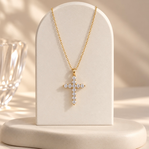[AC-CDD-151] Collar en acero gold dije cruz circones blancos