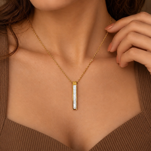 [AC-CDD-154] Collar en acero gold dije barra nácar