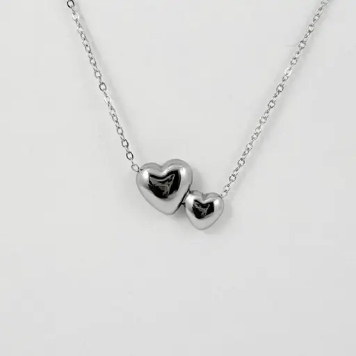 [AC-CDD-159] Collar en acero silver dijes corazones doble
