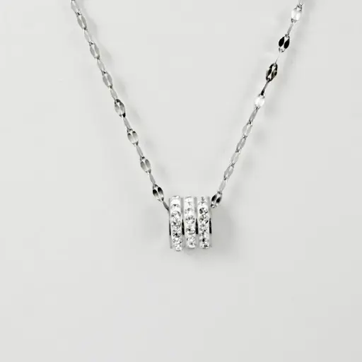 [AC-CDD-165] *COLLAR EN ACERO SILVER DIJE CILINDRO CIRCONES BLANCOS