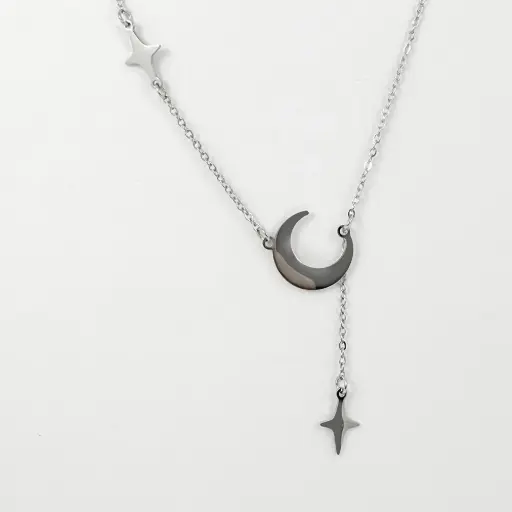 [AC-CDD-166] Collar en acero silver dije media luna estrellas
