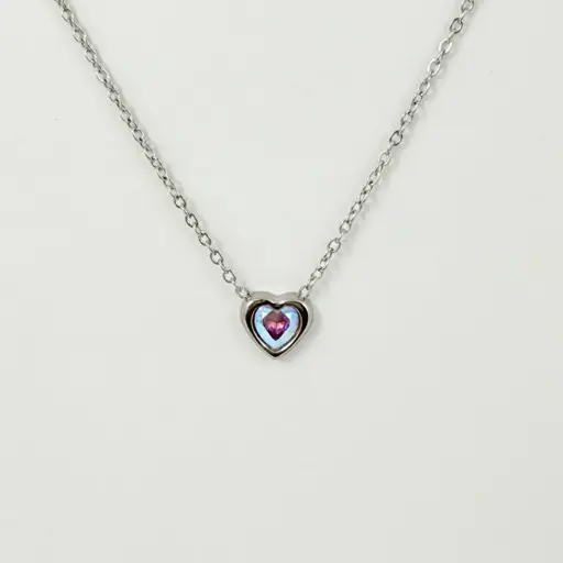 [AC-CDD-171] *COLLAR EN ACERO SILVER DIJE CORAZÓN CRISTAL TORNASOL