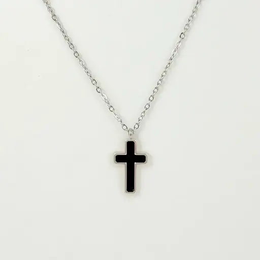[AC-CDD-178] *COLLAR EN ACERO SILVER DIJE CRUZ ESMALTADO NEGRO