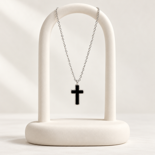 [AC-CDD-178] Collar en acero silver dije cruz esmaltado negro