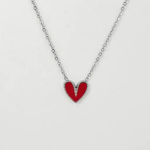[AC-CDD-186] Collar en acero silver dije corazón esmaltado rojo