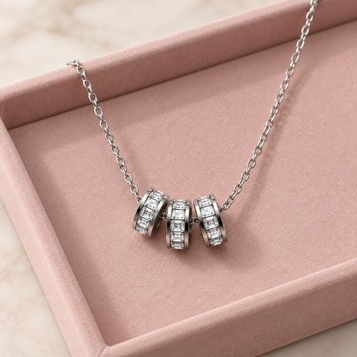 [AC-CDD-187] Collar en acero silver dije triple argollas cristales baguette