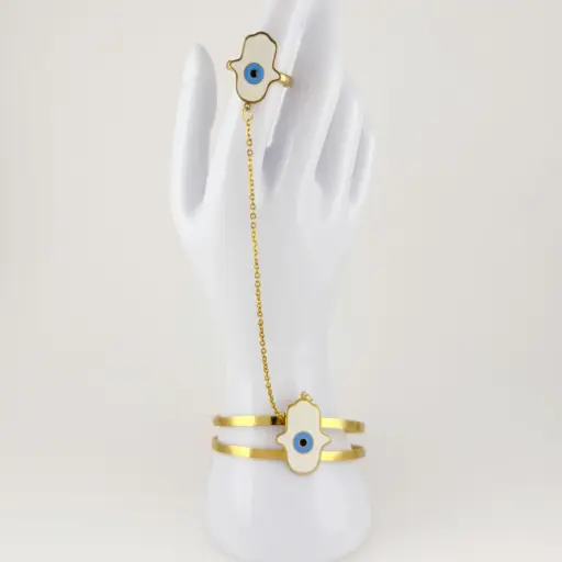 [AC-JU-122] Pulsera en acero gold estilo egipcia brazalete + anillo manito ojito