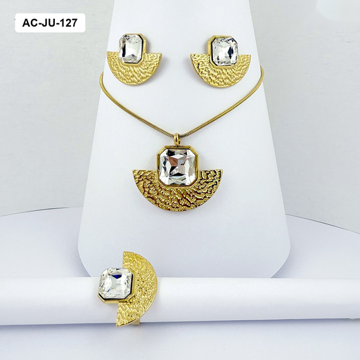 [AC-JU-127] *JUEGO ACERO GOLD CON ANILLO ABANICO CRISTAL BLANCO