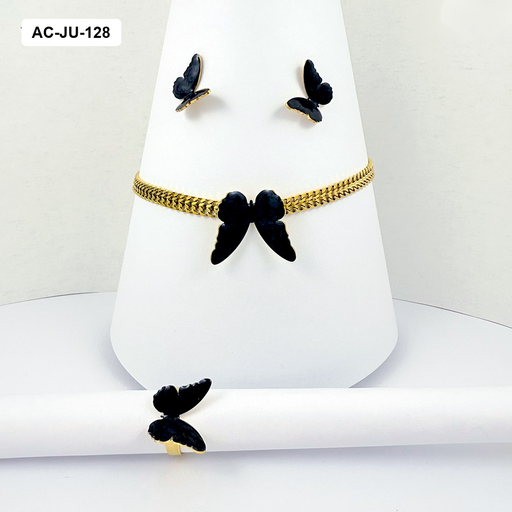 [AC-JU-128] Juego acero gold con anillo mariposa esmaltado negro
