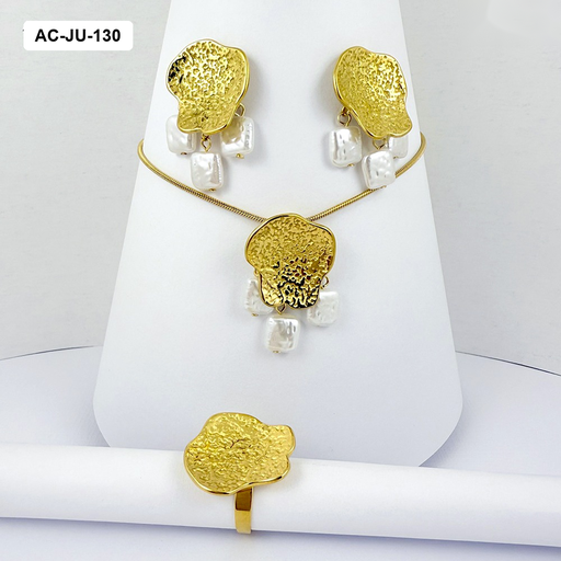 [AC-JU-130] Juego acero gold con anillo diseño martillado perlas