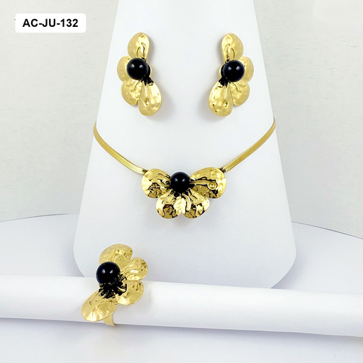 [AC-JU-132] *JUEGO ACERO GOLD CON ANILLO PÉTALOS PIEDRA NEGRA