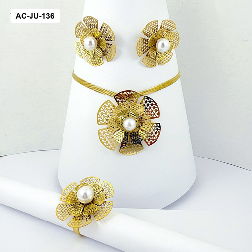 [AC-JU-136] *JUEGO ACERO GOLD CON ANILLO FLOR TIPO FILIGRANA PERLA