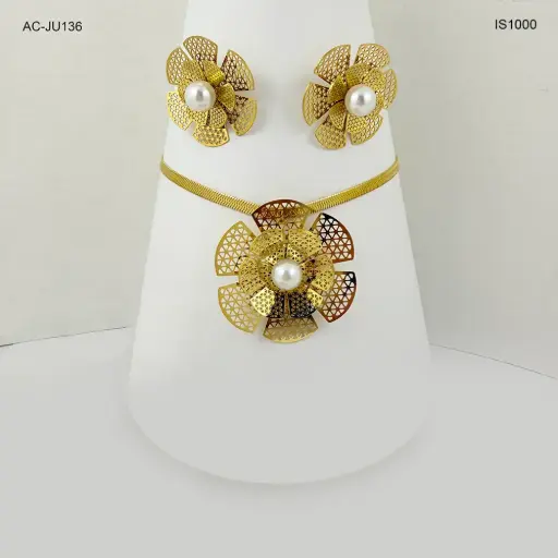 [AC-JU-136] Juego acero gold con anillo flor tipo filigrana perla
