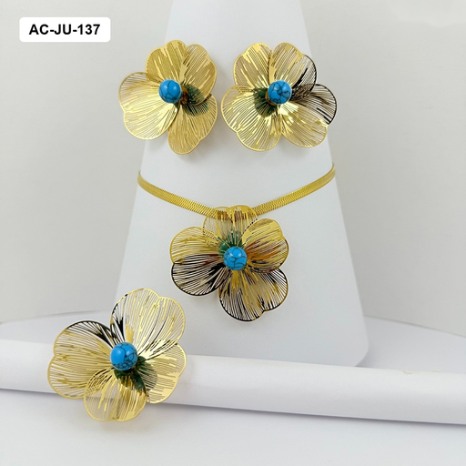 [AC-JU-137] *JUEGO ACERO GOLD CON ANILLO FLOR PIEDRA TURQUESA / CIRSTALES