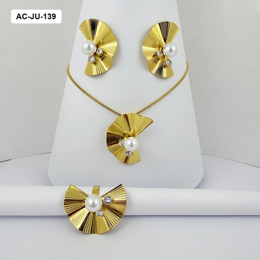 [AC-JU-139] *JUEGO ACERO GOLD CON ANILLO TIPO ABANICO PERLA CRISTALES