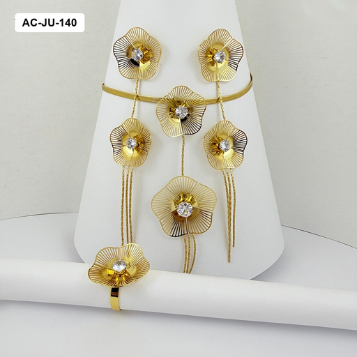 [AC-JU-140] *JUEGO ACERO GOLD CON ANILLO FLOR CRISTAL BLANCO CADENITAS