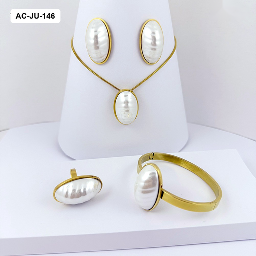 [AC-JU-146] *SET ACERO COMPLETO GOLD PERLA OVALADA