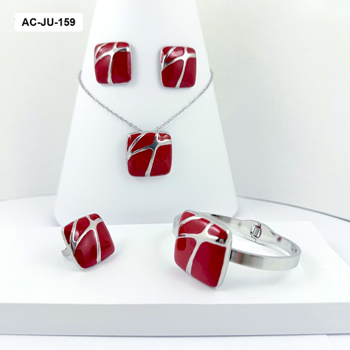 [AC-JU-159] Set acero completo silver cuadrado esmaltado rojo marmol