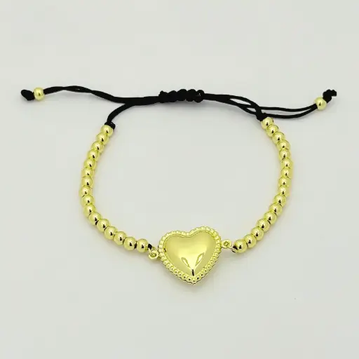 [AC-PL-109] Pulsera en acero gold cordón ajustable balines dije corazón