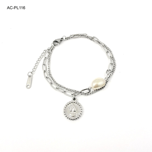 [AC-PL-116] Pulsera en acero silver doble perla diosa