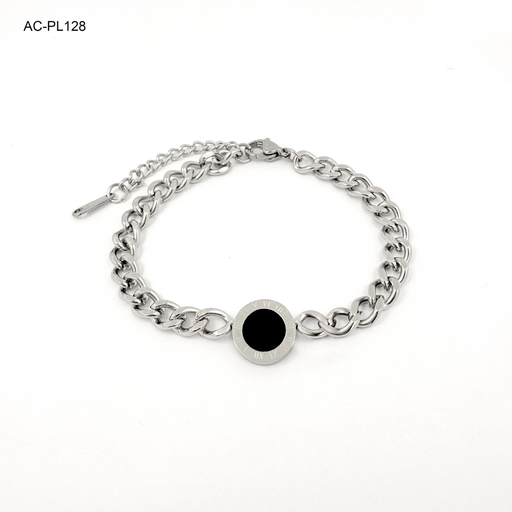 [AC-PL-128] Pulsera en acero silver tejido cuba circulo nacar