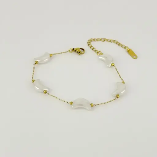 [AC-PL-143] Pulsera en acero gold luna perlas