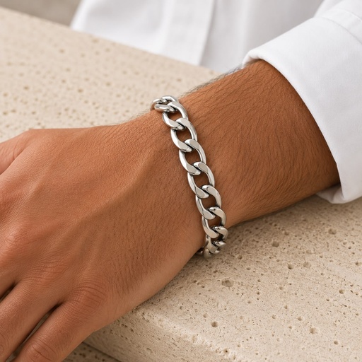 [AC-PL-148] Pulsera en acero silver tejido barbada 9mm hombre 21 cm
