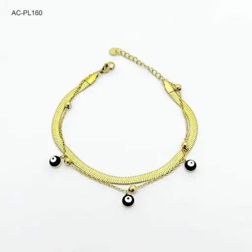 [AC-PL-160] Pulsera en acero gold doble ojitos negros