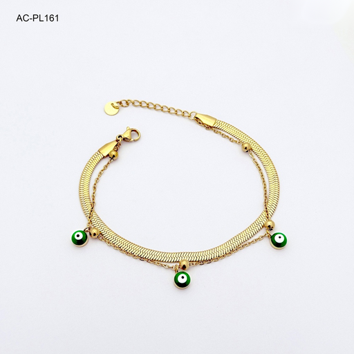 [AC-PL-161] Pulsera en acero gold doble ojitos verdes
